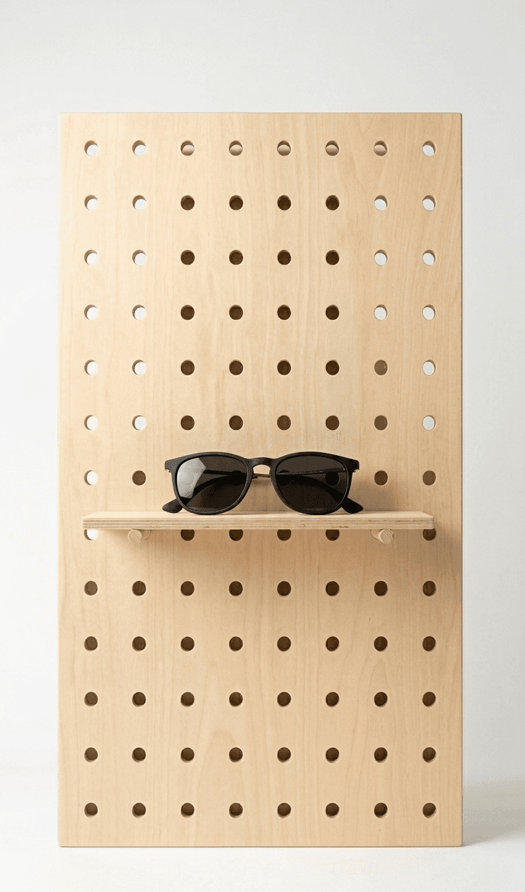 Portrait pegboard with shelf holding sunglasses